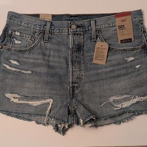 NWT Levi's 501 Light Blue Distressed Jean Shorts High Rise Button Fly - 33